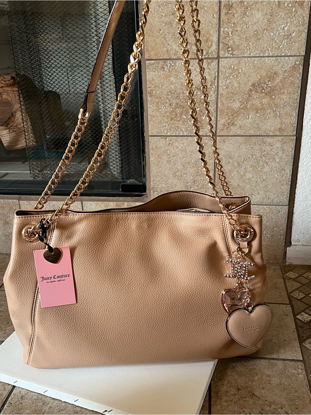 Juicy Couture Beige Pebbled Faux Leather Tote with Gold Chain Juicy accents